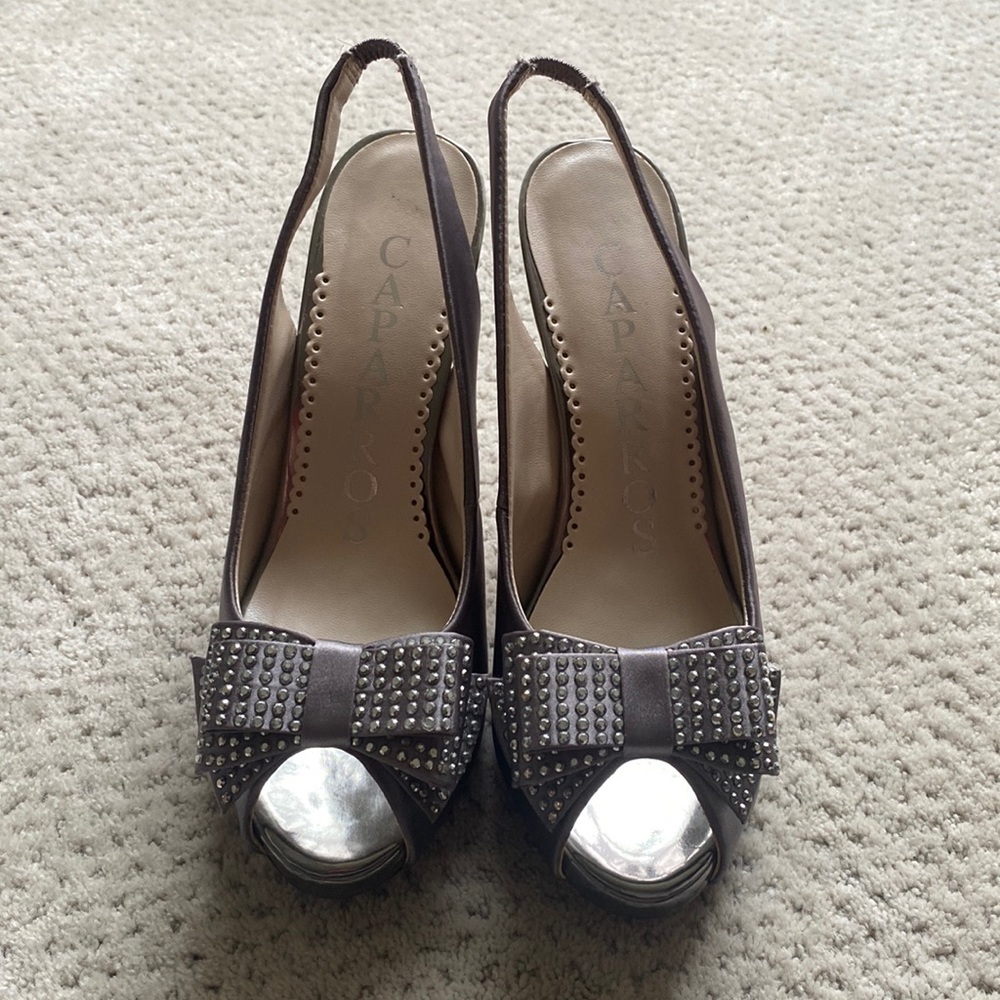 Caparros grey satin peep toe heels bow